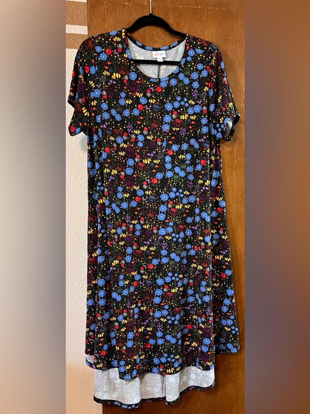 LuLaRoe Carly Black Floral Dress with Blue and Red Accents